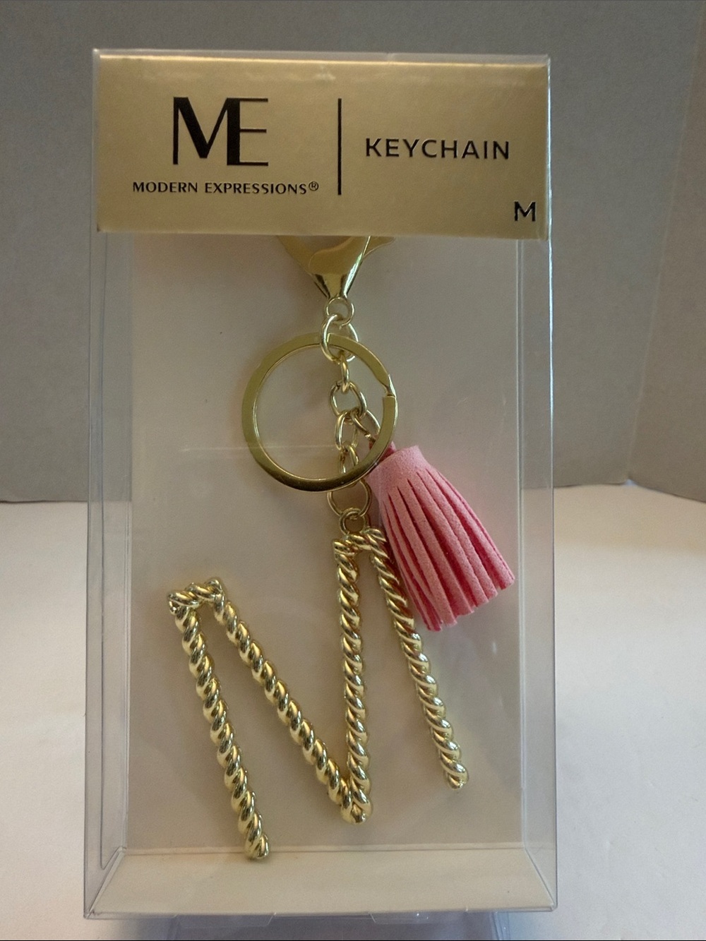 Modern Expressions Gold Twisted 'M’Keychain with Pink Tassel